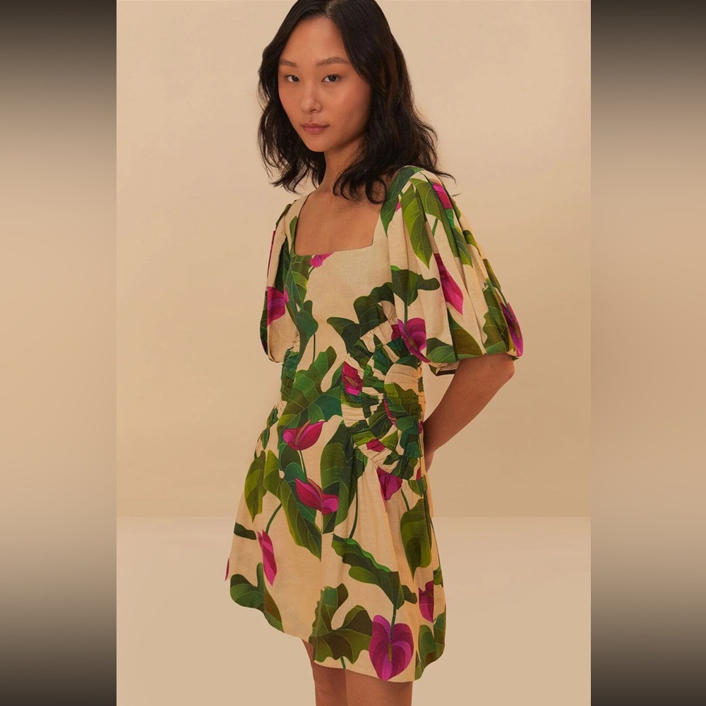 NWT FARM Rio Sand Anthurium Leaves LENZING™ ECOVERO™ Euroflax™ Mini Dress